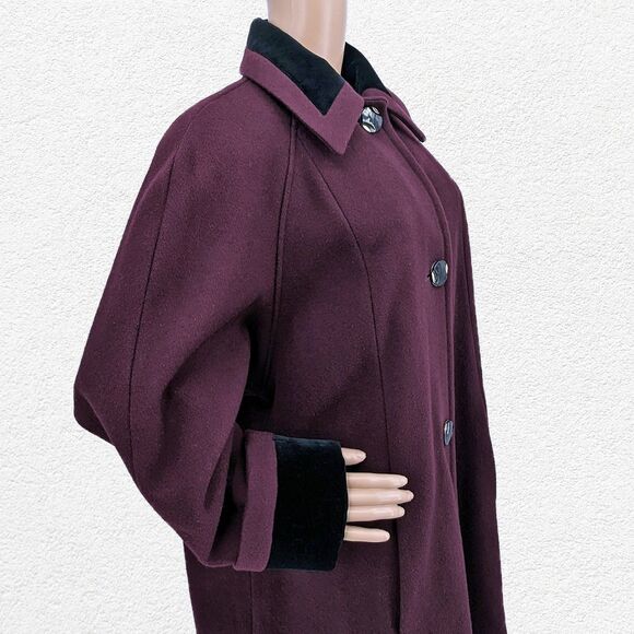 Vintage 1970s Jofeld Wool Coat Plum Swing Velvet Trim Winter Plus Size 1X - Picture 5 of 15